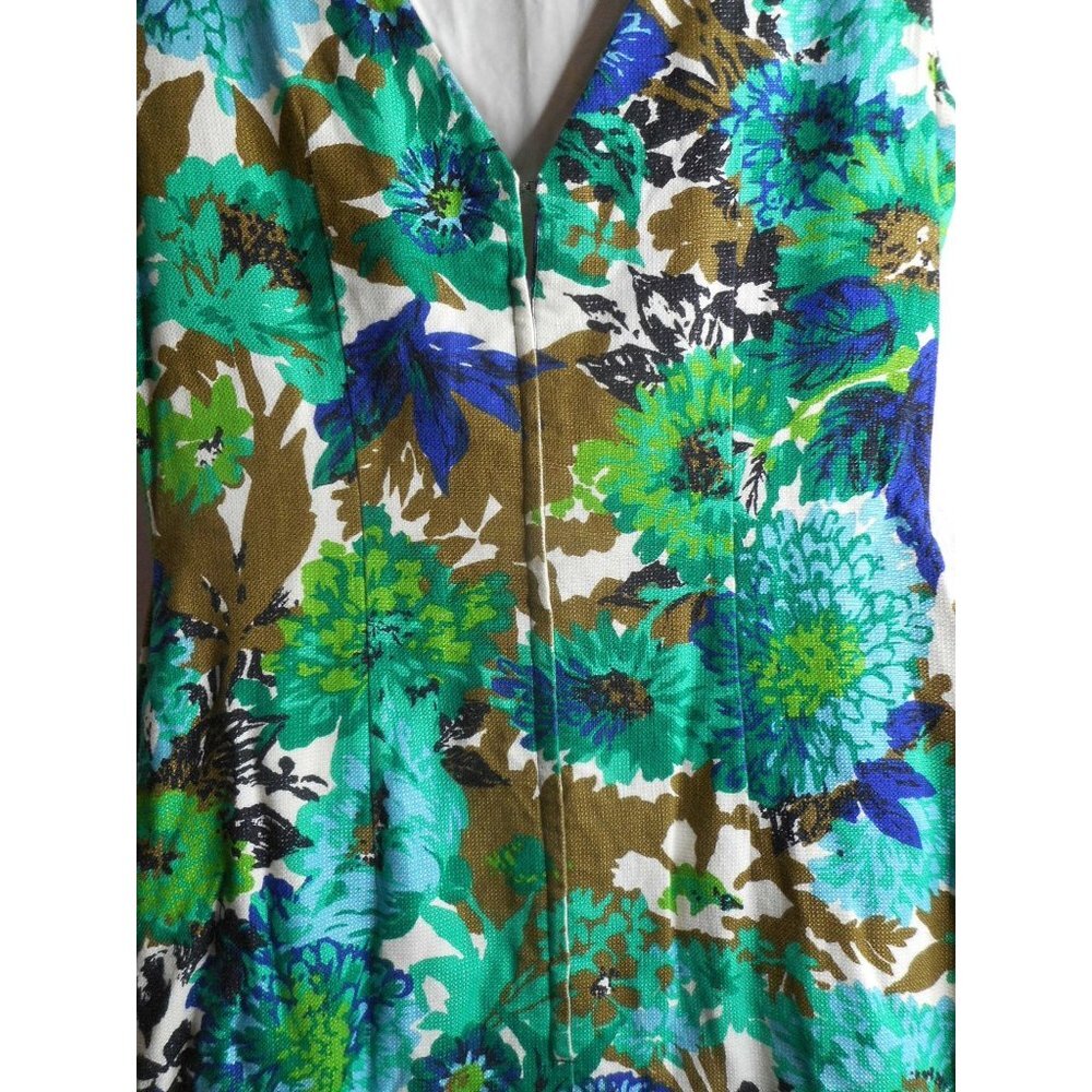 Vintage Floral V Back Handmade Lined Sleeveless Dress 1960s zip back Sz M - Picture 5 of 7